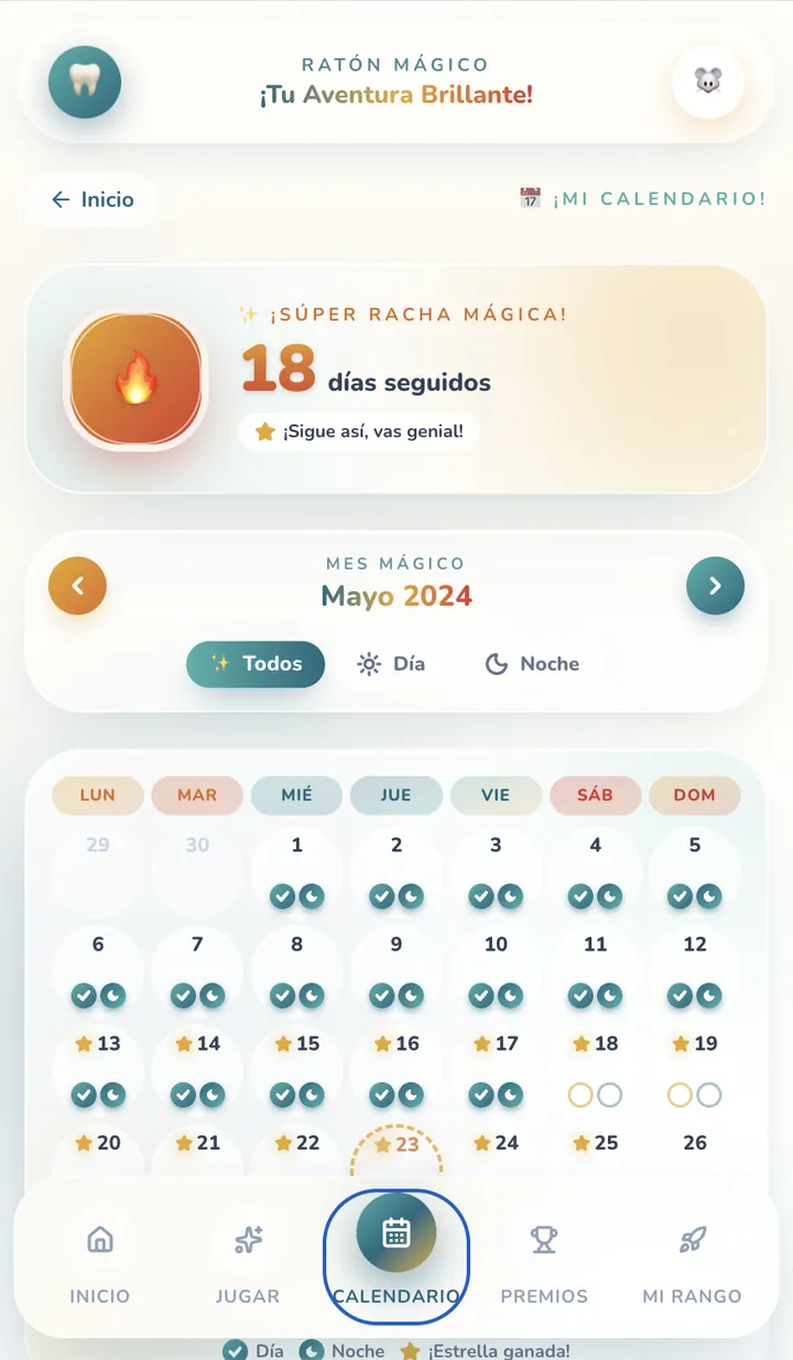 Pantalla Calendario de la app de cepillado