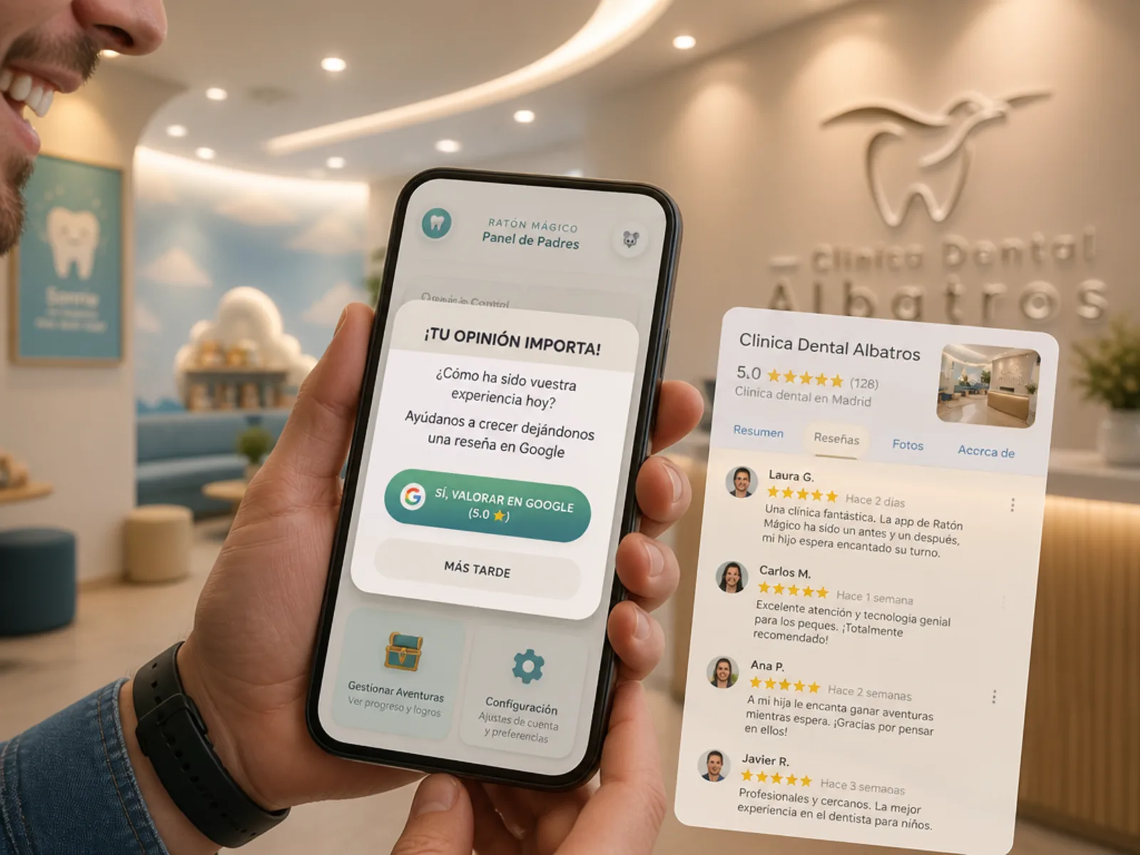 App del Ratón Pérez pidiendo a los padres dejar una reseña 5 estrellas en Google para la clínica dental