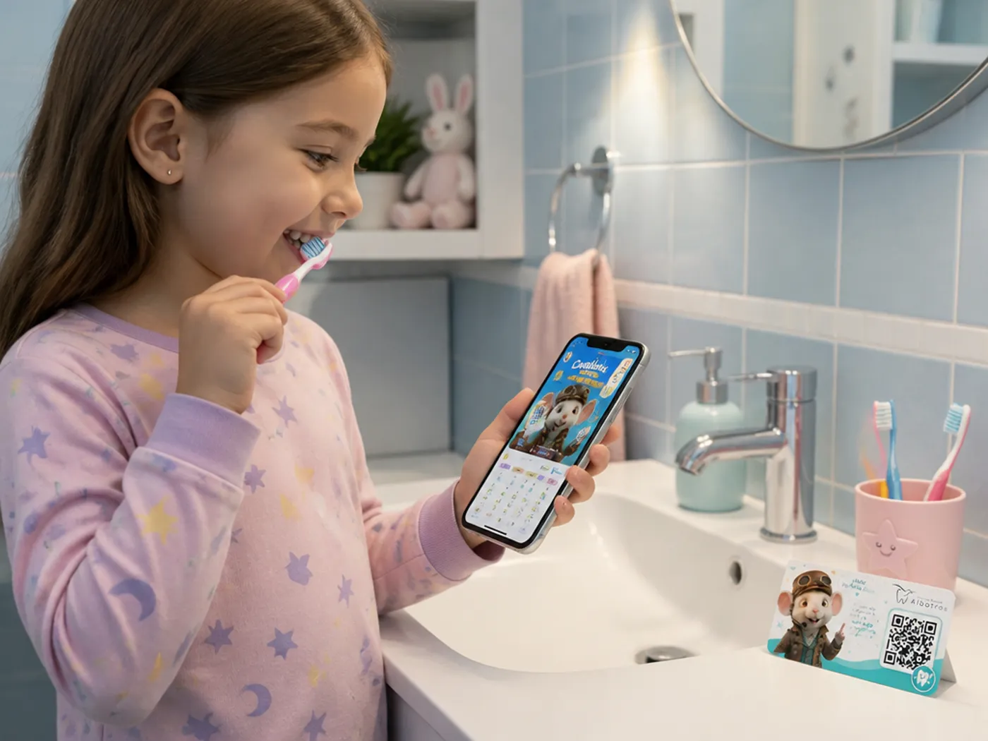 Niña cepillándose los dientes en el baño mientras mira la app del Ratón Pérez en el móvil