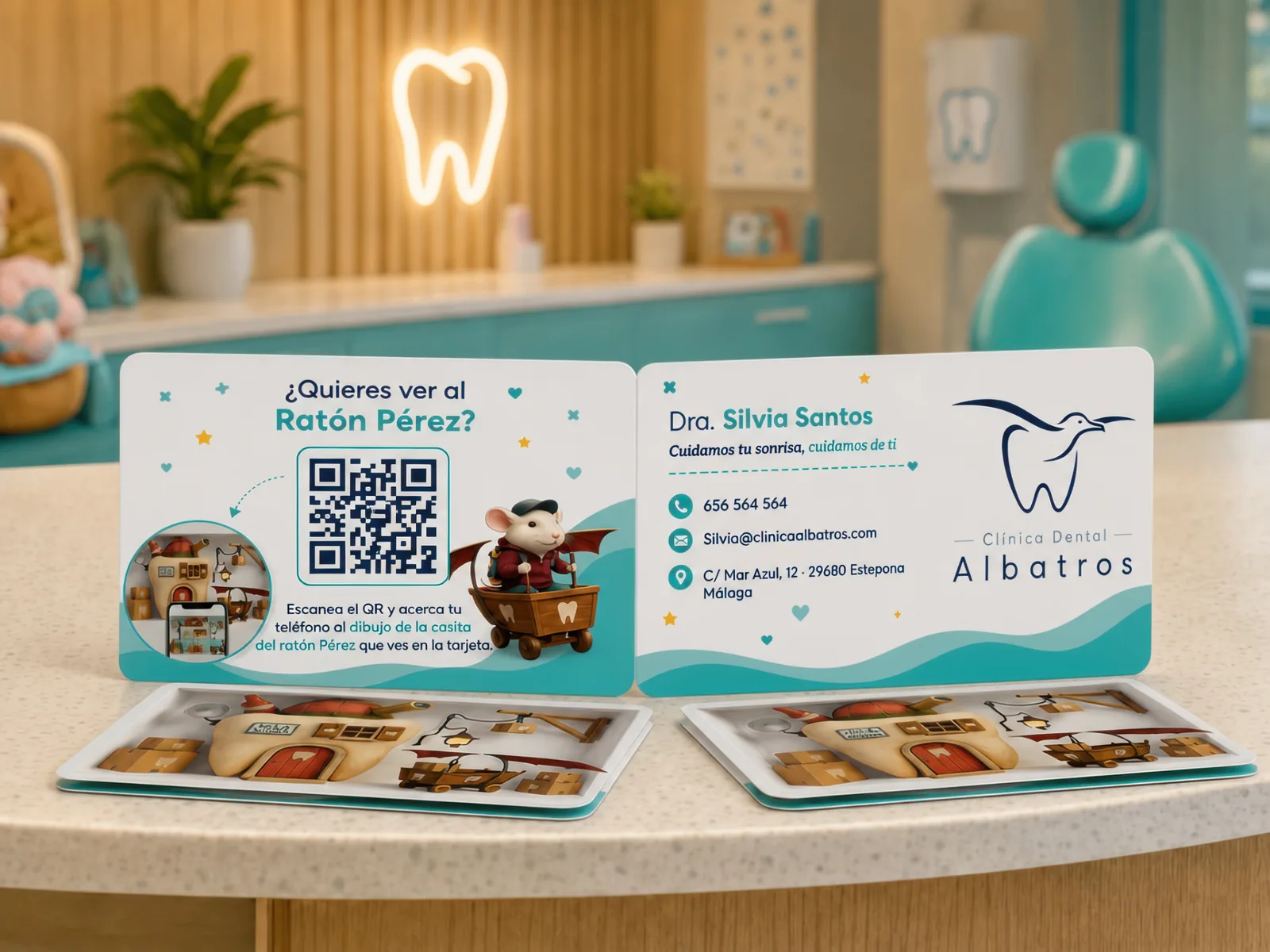 Tarjeta plegada con QR del Ratón Pérez y los datos de la clínica
