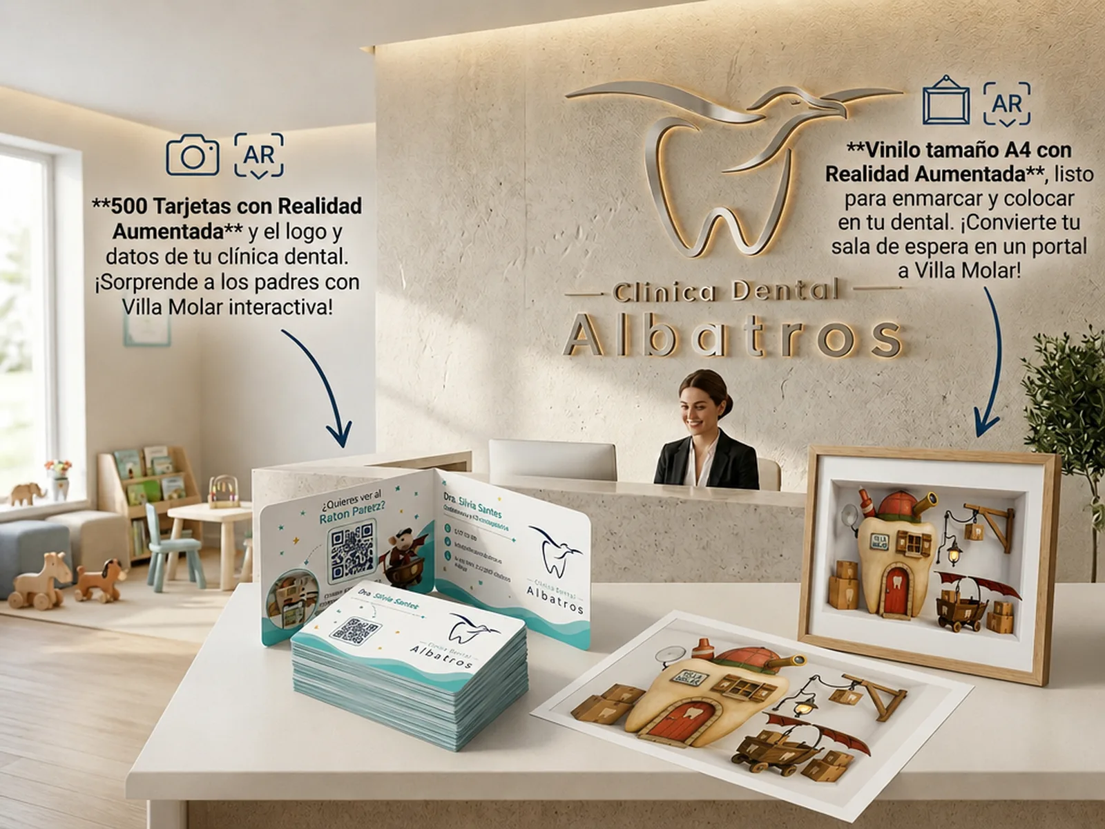 Kit Ratón Mágico: 500 tarjetas con realidad aumentada y vinilo A4 enmarcado en la recepción de una clínica dental