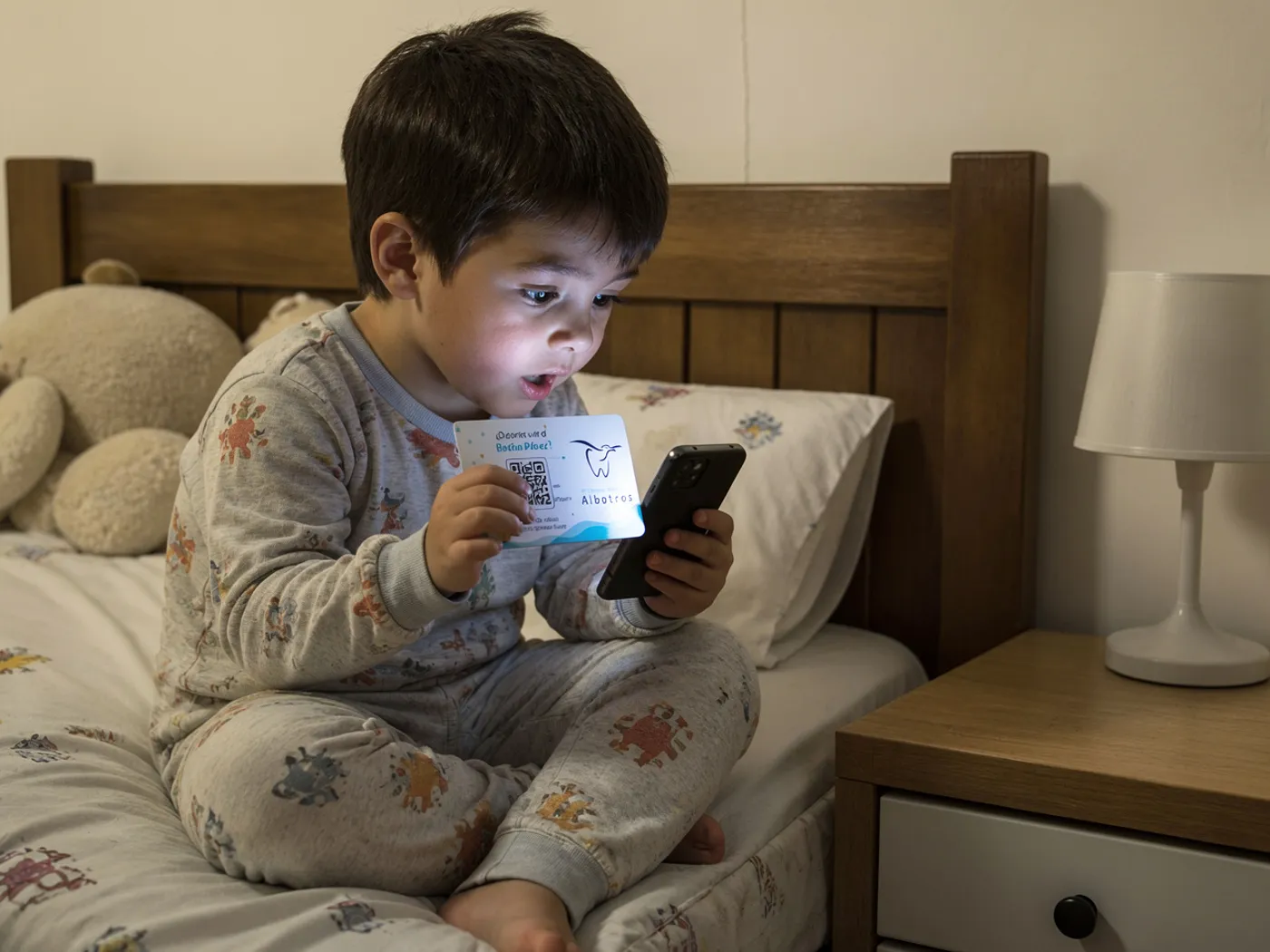 Niño en pijama sentado en la cama mirando la tarjeta mágica del Ratón Pérez con el móvil
